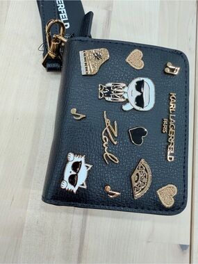 Karl Lagerfeld Black Compact Wallet &Card Holder with Gold & White Enamel Charms